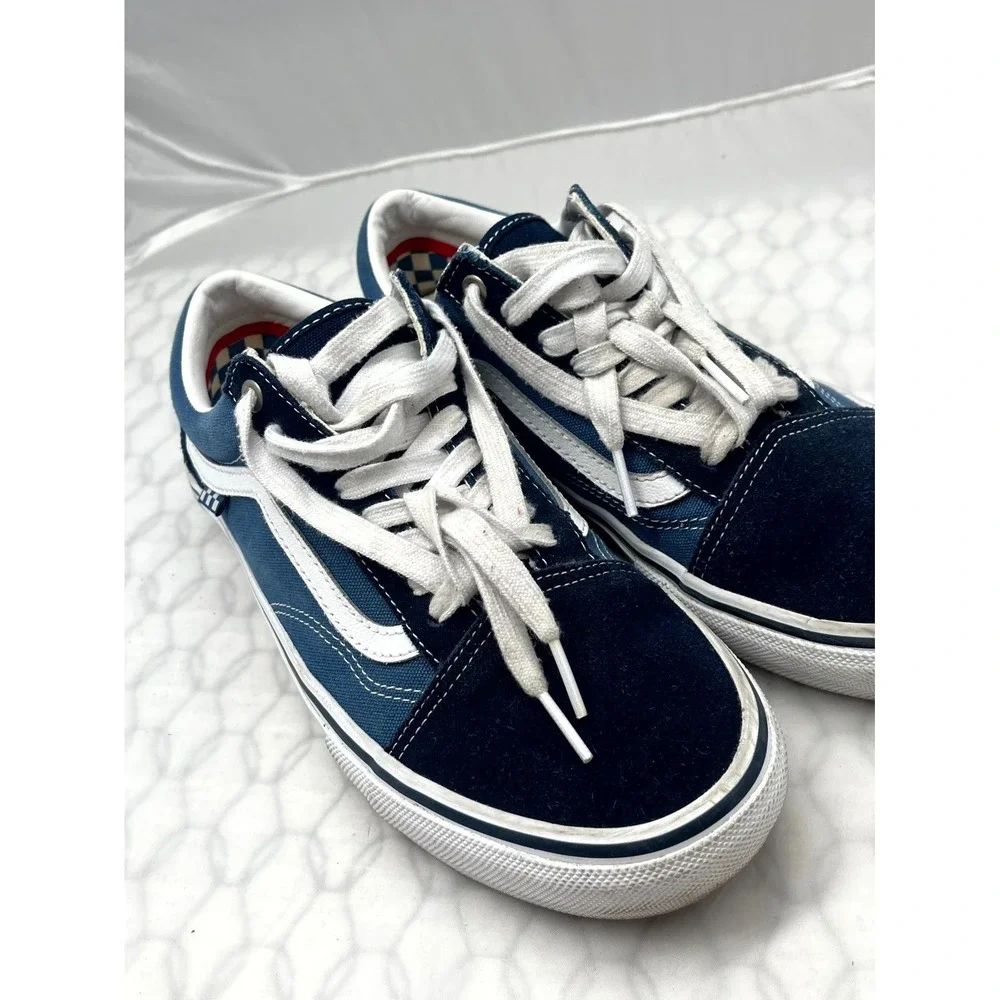 Vans Old Skool Men 9 Sneaker Navy Blue White Low Top Lace Up Skateboarding Shoes